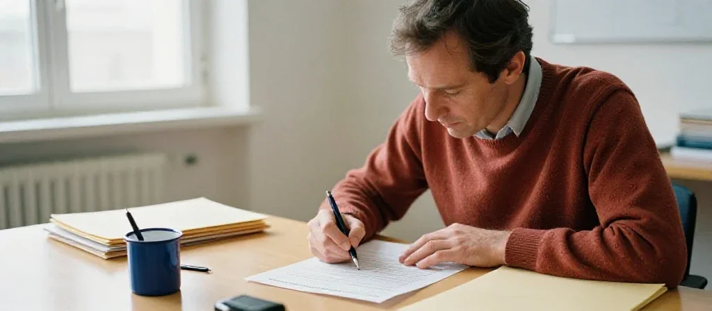 Consultant professionnel analysant des documents stratégiques dans un bureau lumineux et épuré.