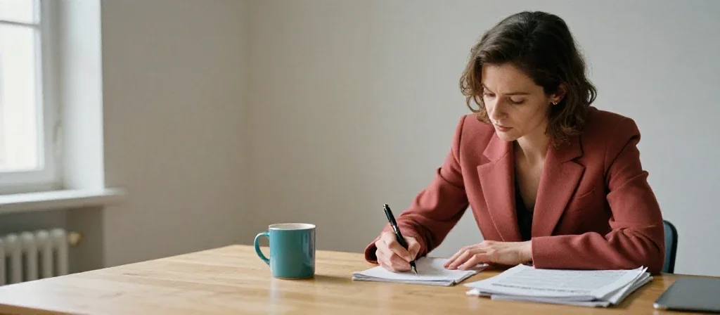 Une entrepreneuse française de type européen prépare son projet dans un bureau lumineux et épuré.